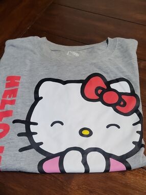 Hello Kitty Gray Tee with Red Bow and Pink Trim